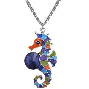 Cute Enamel Seahorse With Blue Rhinestone Necklace